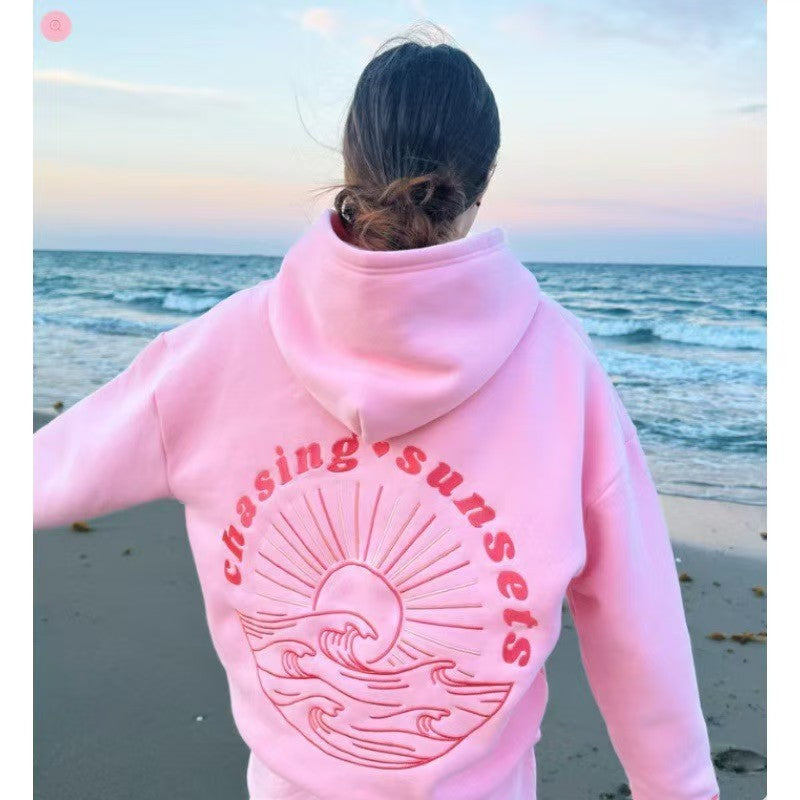 Everything Comes in Waves" Palm Surf Embroidery Drop Shoulder Hoodie