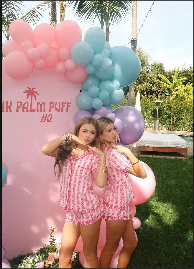 Pink Palm Puff Plaid Short Sleeve Pajama Set, Women Summer Loungewear Sleepwear 2 Piece Set