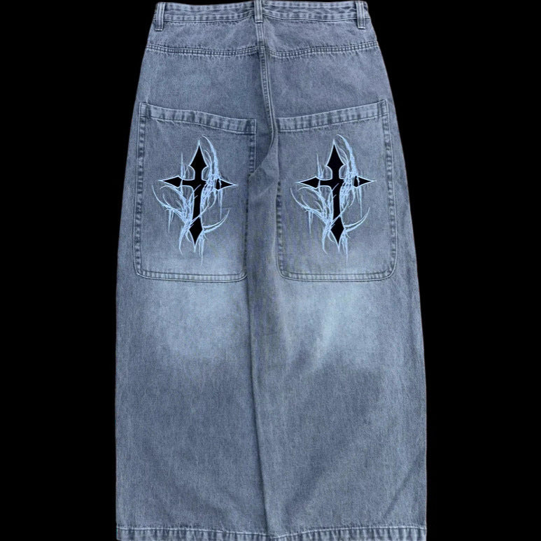 Y2K Wide Leg Jeans for Men Gothic Star Graphic Print Baggy Denim Pants Streetwear Vintage Black Gray Loose Fit Skater Trousers