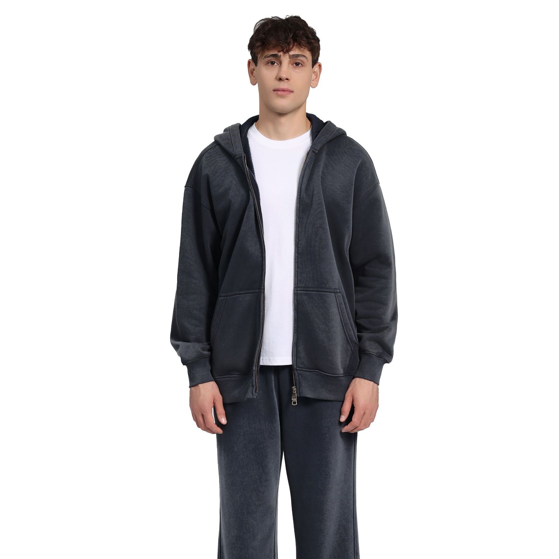 380g Vintage Washed Fleece Zip Up Hoodie | Oversized Drop Shoulder Heavyweight Hooded Jacket Unisex