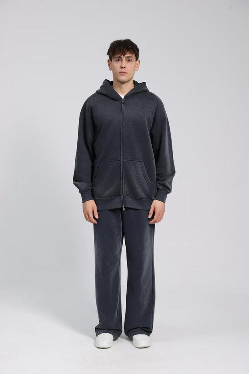380g Vintage Washed Fleece Zip Up Hoodie | Oversized Drop Shoulder Heavyweight Hooded Jacket Unisex