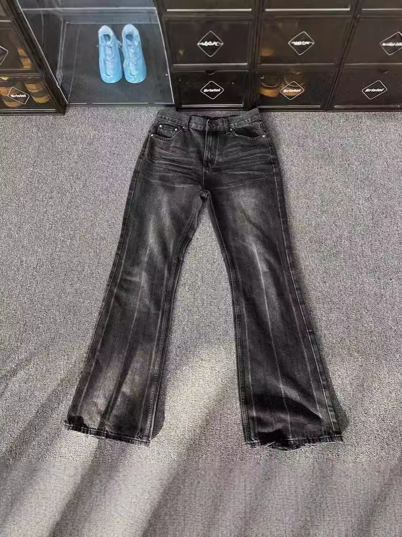 Men Vintage Distressed Flare Jeans Clean Fit Washed Grey Black Bootcut Denim Trousers