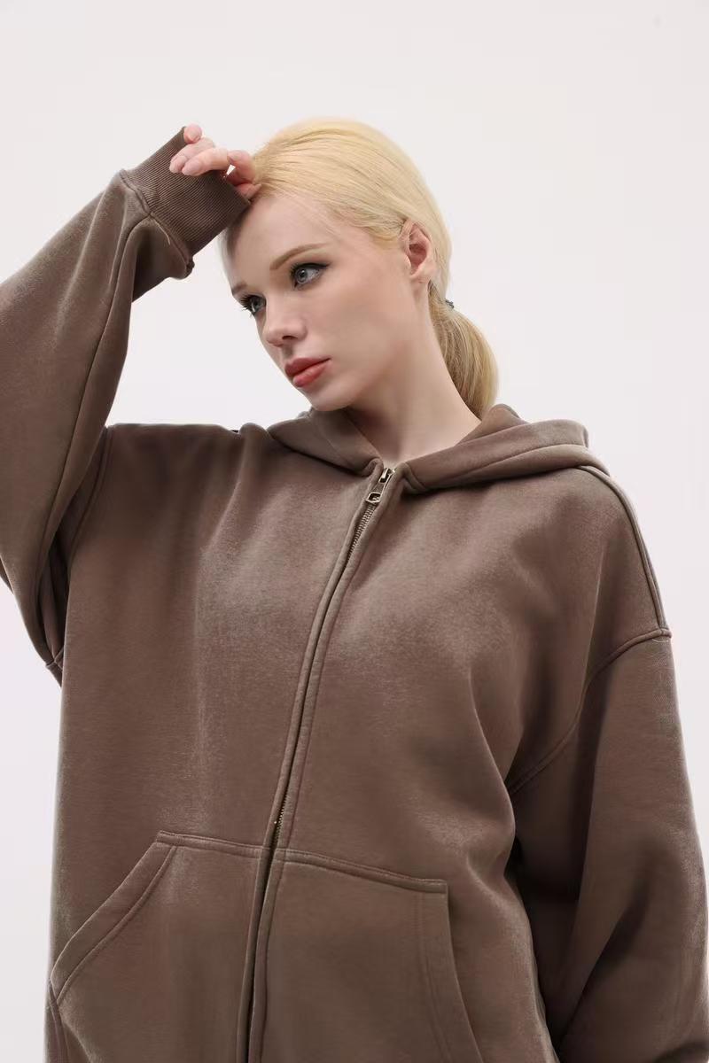 380g Vintage Washed Fleece Zip Up Hoodie | Oversized Drop Shoulder Heavyweight Hooded Jacket Unisex