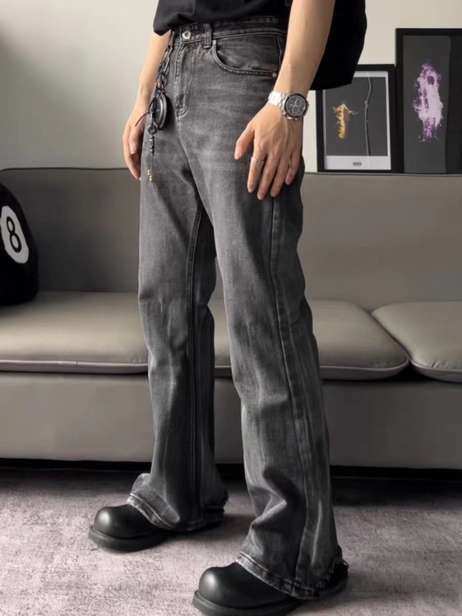 Men Vintage Distressed Flare Jeans Clean Fit Washed Grey Black Bootcut Denim Trousers
