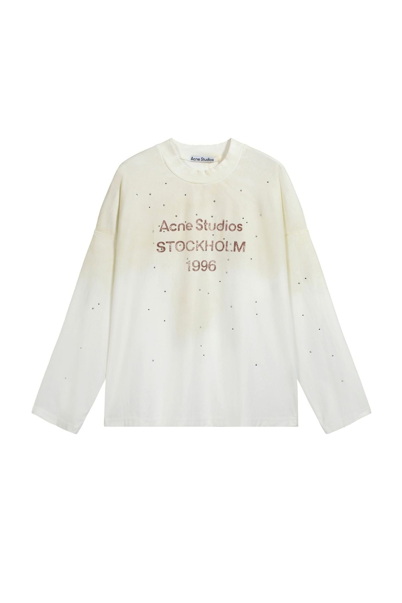 Vintage Washed Rhinestone Graphic Long Sleeve Tee Unisex Loose Fit Cotton Casual Shirts