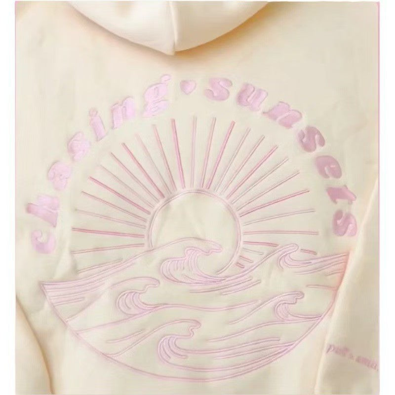 Everything Comes in Waves" Palm Surf Embroidery Drop Shoulder Hoodie