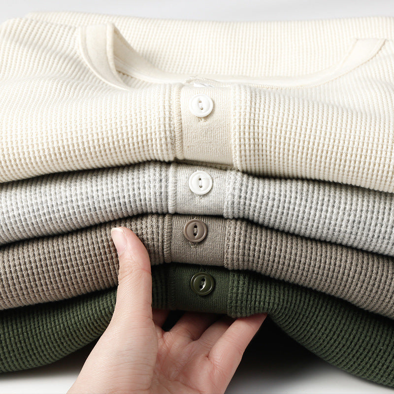 Waffle American retro khaki heavyweight Henry collar base T-shirt for spring interior, slim fit men's long sleeved T-shirt