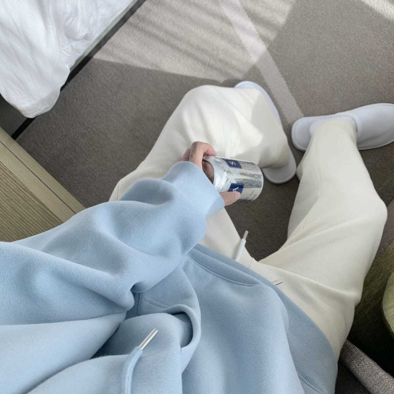 Oversize niche autumn and winter American loose cream yellow light blue with plush thick hooded sweatshirt for women's outerwear