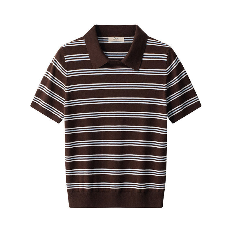 Limited! \u003c100% Lyocell\u003eAmerican style anti-aging college style striped top, knitted lapel, loose short sleeved women