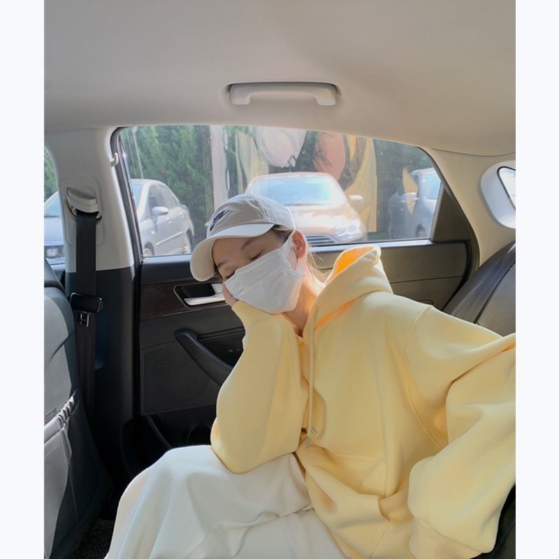 Oversize niche autumn and winter American loose cream yellow light blue with plush thick hooded sweatshirt for women's outerwear