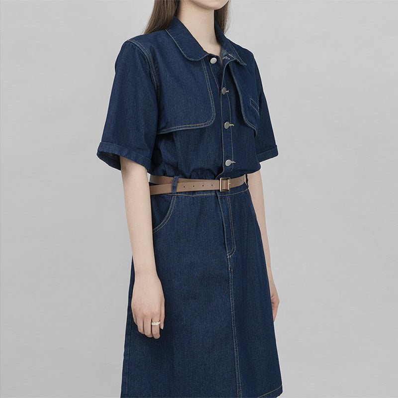 Spicy girl Hong Kong style summer high-end trendy short sleeved summer American retro texture waist cinching slimming short denim dress
