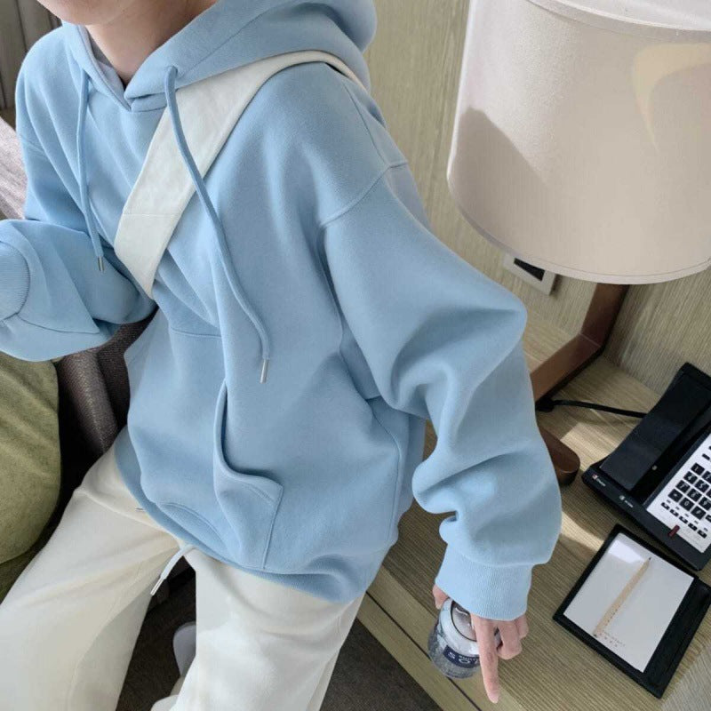 Oversize niche autumn and winter American loose cream yellow light blue with plush thick hooded sweatshirt for women's outerwear