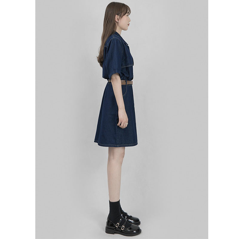 Spicy girl Hong Kong style summer high-end trendy short sleeved summer American retro texture waist cinching slimming short denim dress