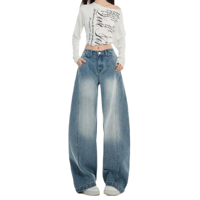 American retro tall girl with elongated curved knife wide leg jeans, women's 2025 new autumn sickle pants, loose fit