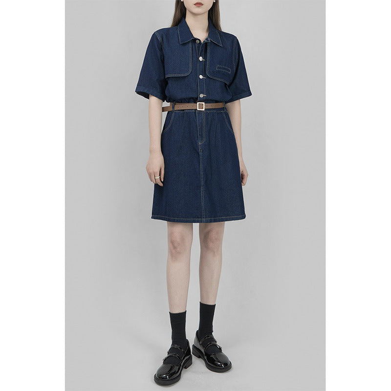 Spicy girl Hong Kong style summer high-end trendy short sleeved summer American retro texture waist cinching slimming short denim dress