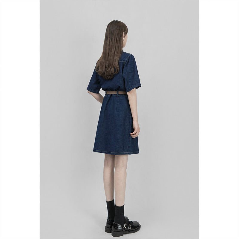 Spicy girl Hong Kong style summer high-end trendy short sleeved summer American retro texture waist cinching slimming short denim dress