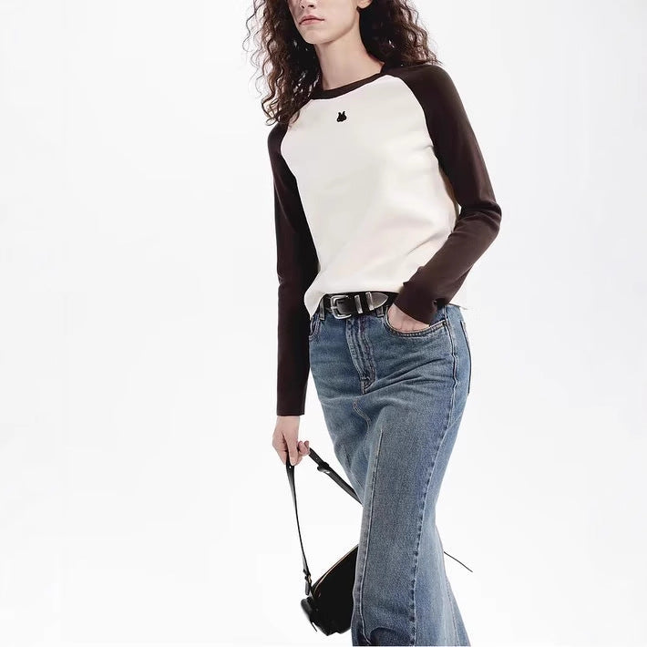 American retro contrasting raglan long sleeved knitted sweater for women, 2024 autumn new product color blocked round neck knitted T-shirt