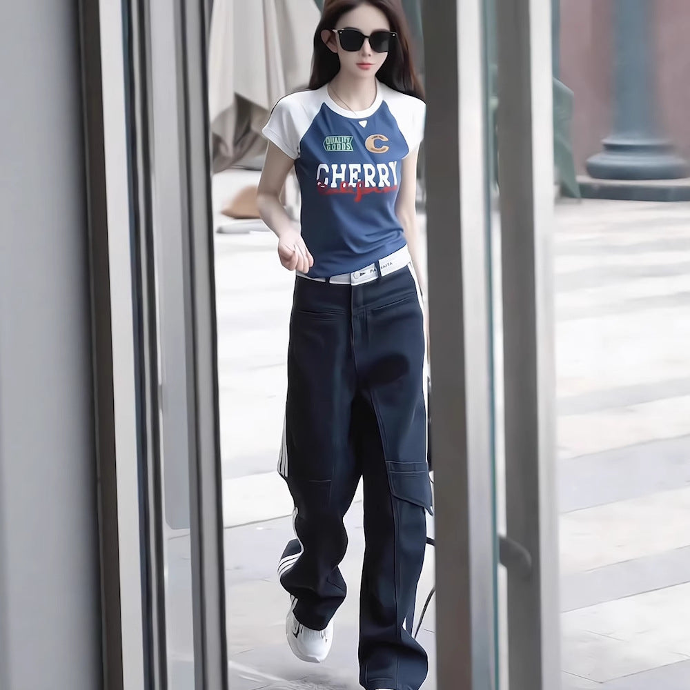 American retro letter T-shirt high-end set 2025 new summer design sense short sleeved top two-piece set women's clothing