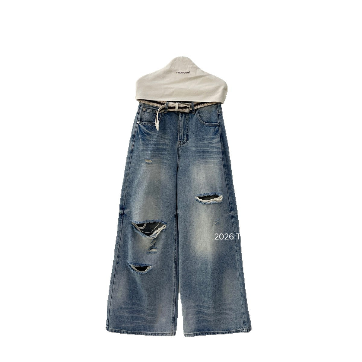 T-table/T-PLATFORM American ripped jeans for women's summer design sense, wide leg pants made in vintage blue 68379