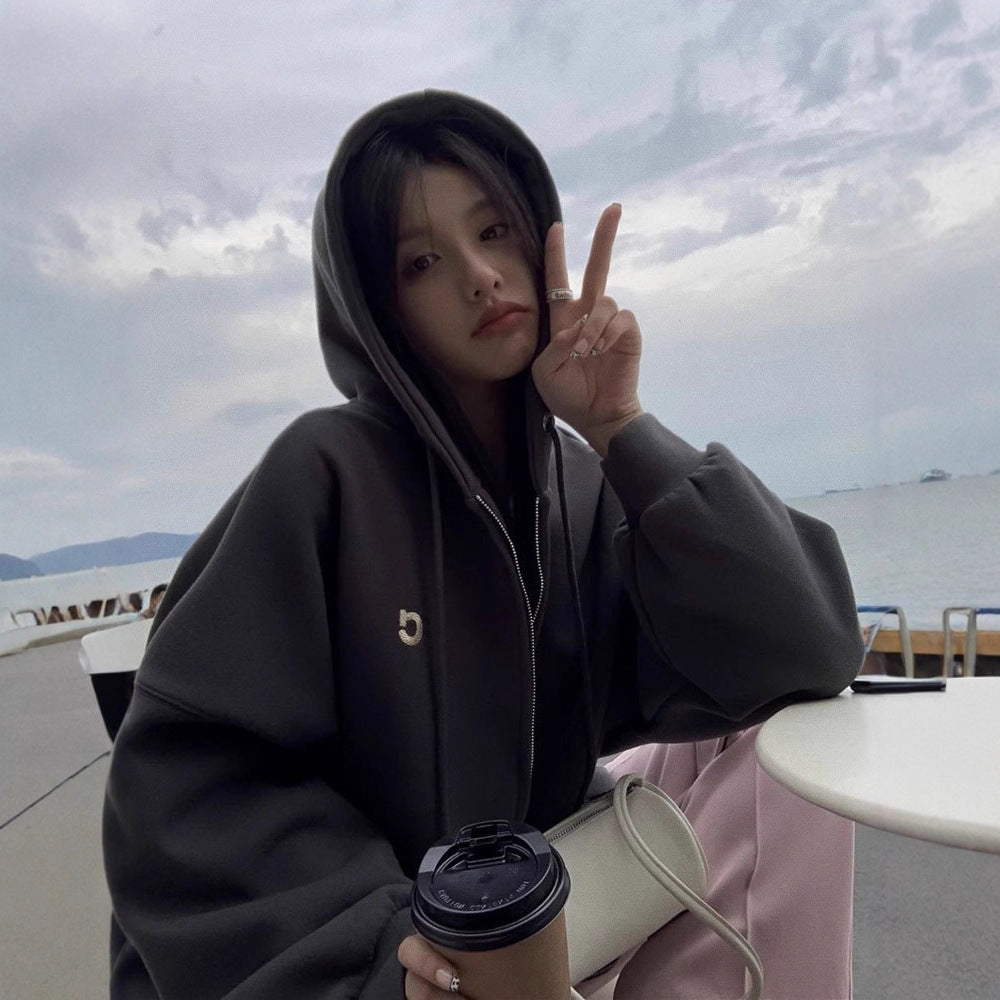 Grey hooded sweatshirt for women in autumn and winter, Korean loose and plush thick medium to long style, lazy style, American cardigan trend