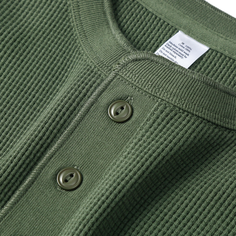 Waffle American retro khaki heavyweight Henry collar base T-shirt for spring interior, slim fit men's long sleeved T-shirt