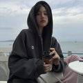 Grey hooded sweatshirt for women in autumn and winter, Korean loose and plush thick medium to long style, lazy style, American cardigan trend