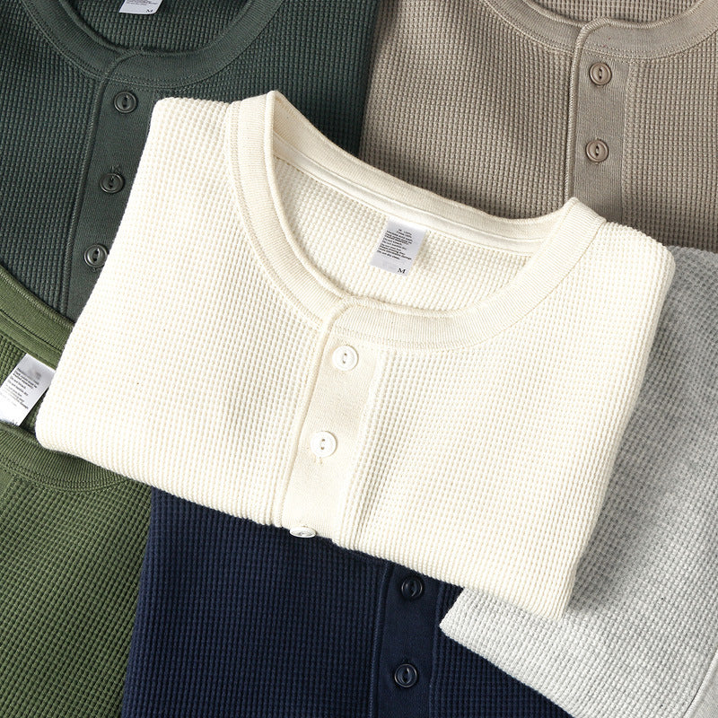 Waffle American retro khaki heavyweight Henry collar base T-shirt for spring interior, slim fit men's long sleeved T-shirt