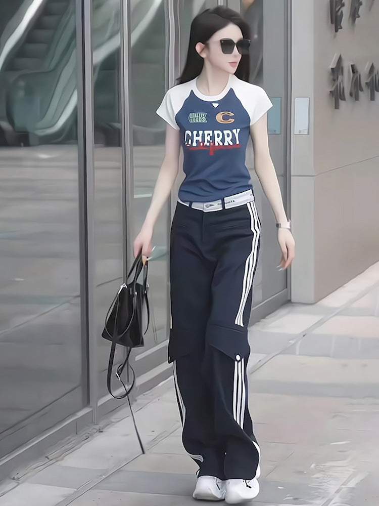 American retro letter T-shirt high-end set 2025 new summer design sense short sleeved top two-piece set women's clothing