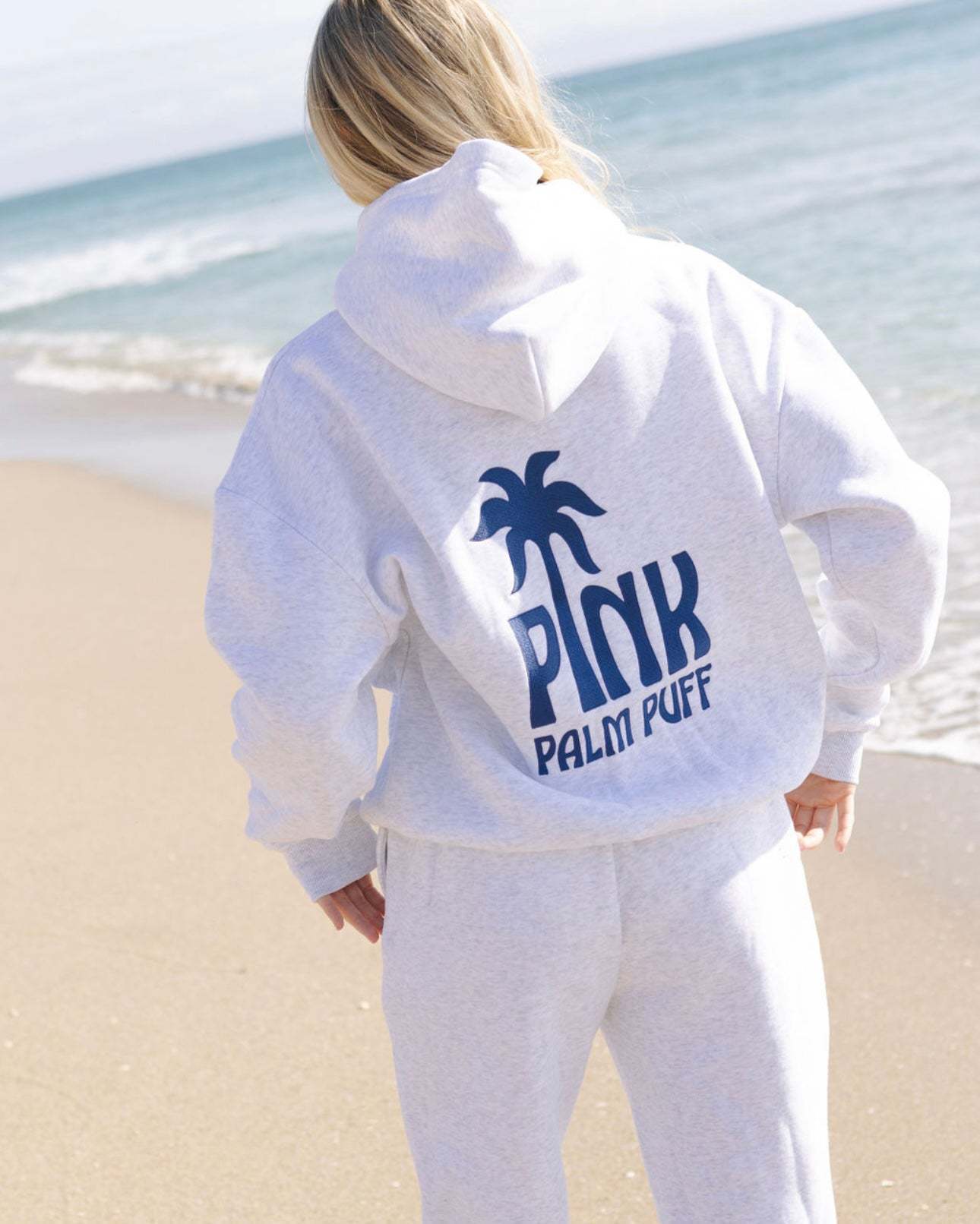Pink Palm Puff Embroidery Oversized Zip Up Hoodie, Women Casual Beach Sweatshirt Jacket