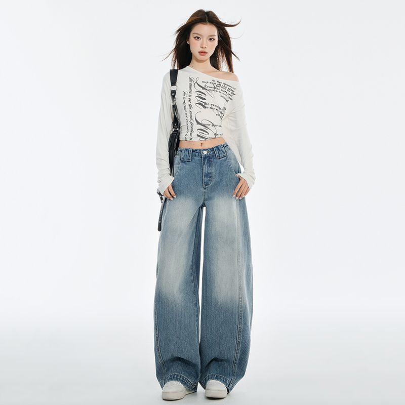 American retro tall girl with elongated curved knife wide leg jeans, women's 2025 new autumn sickle pants, loose fit