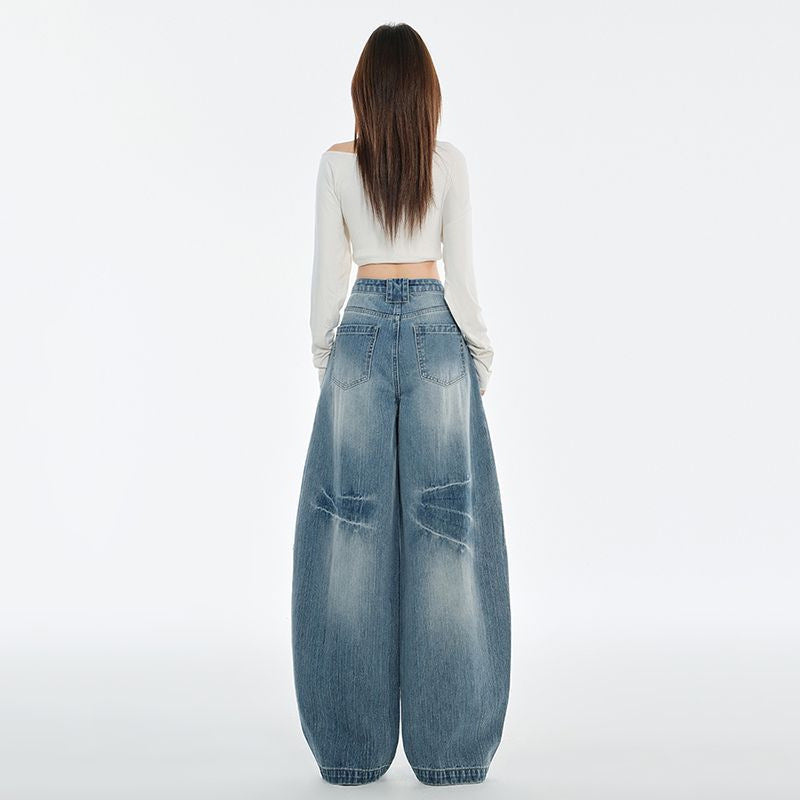 American retro tall girl with elongated curved knife wide leg jeans, women's 2025 new autumn sickle pants, loose fit