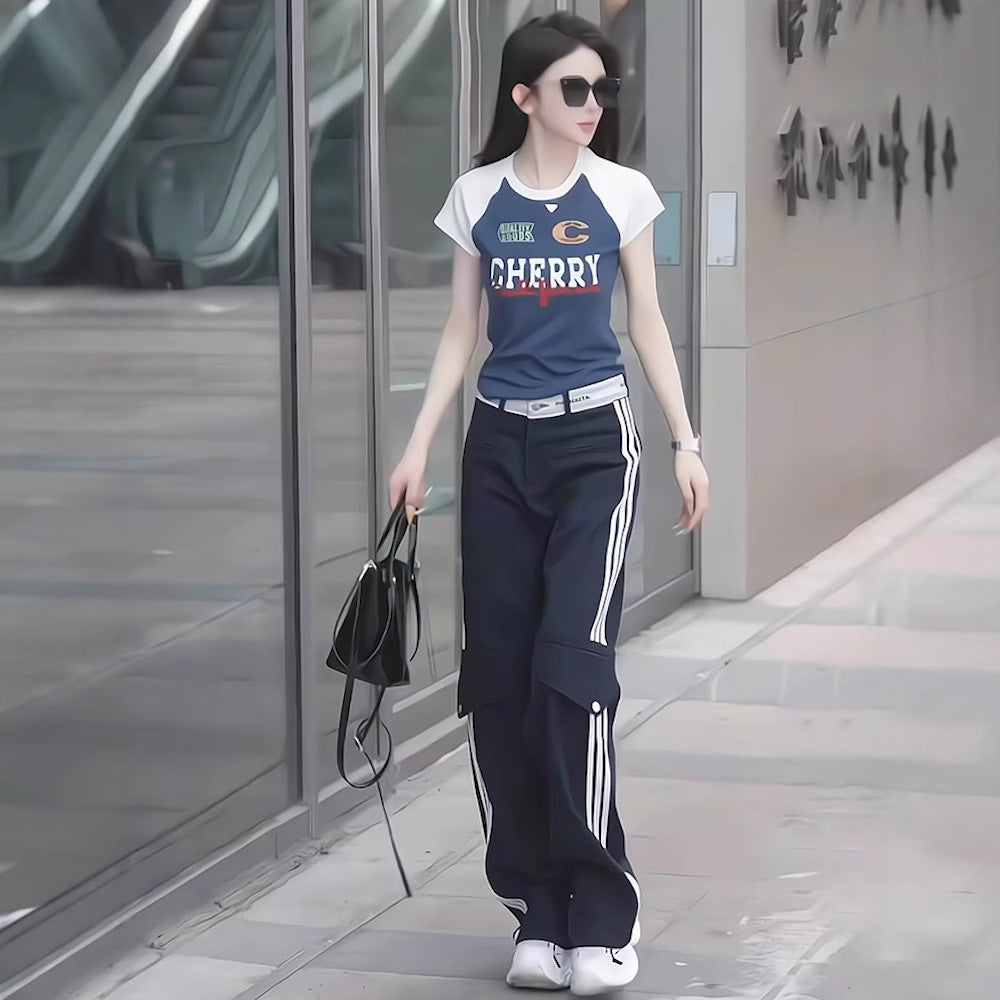 American retro letter T-shirt high-end set 2025 new summer design sense short sleeved top two-piece set women's clothing