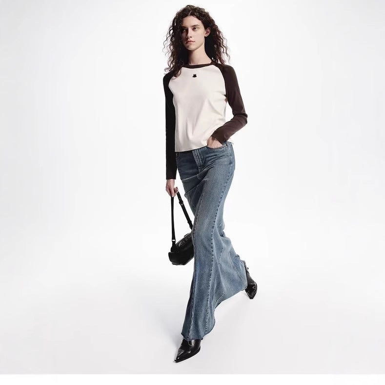 American retro contrasting raglan long sleeved knitted sweater for women, 2024 autumn new product color blocked round neck knitted T-shirt