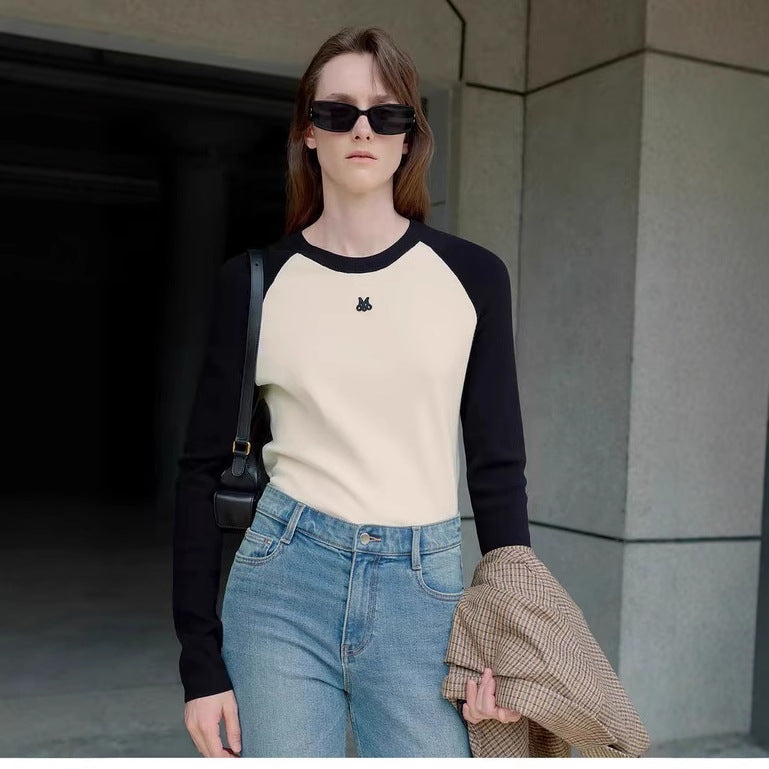 American retro contrasting raglan long sleeved knitted sweater for women, 2024 autumn new product color blocked round neck knitted T-shirt