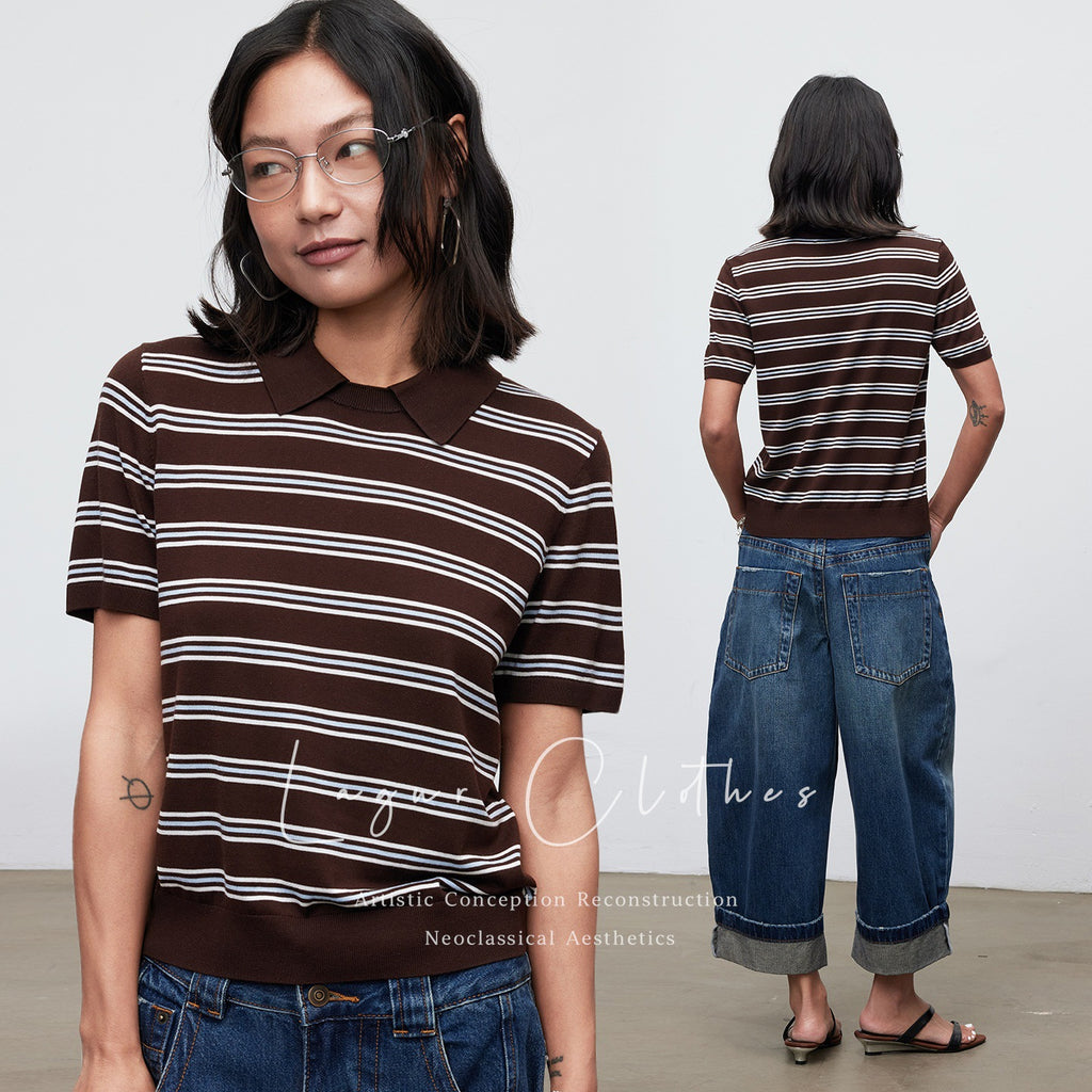 Limited! \u003c100% Lyocell\u003eAmerican style anti-aging college style striped top, knitted lapel, loose short sleeved women
