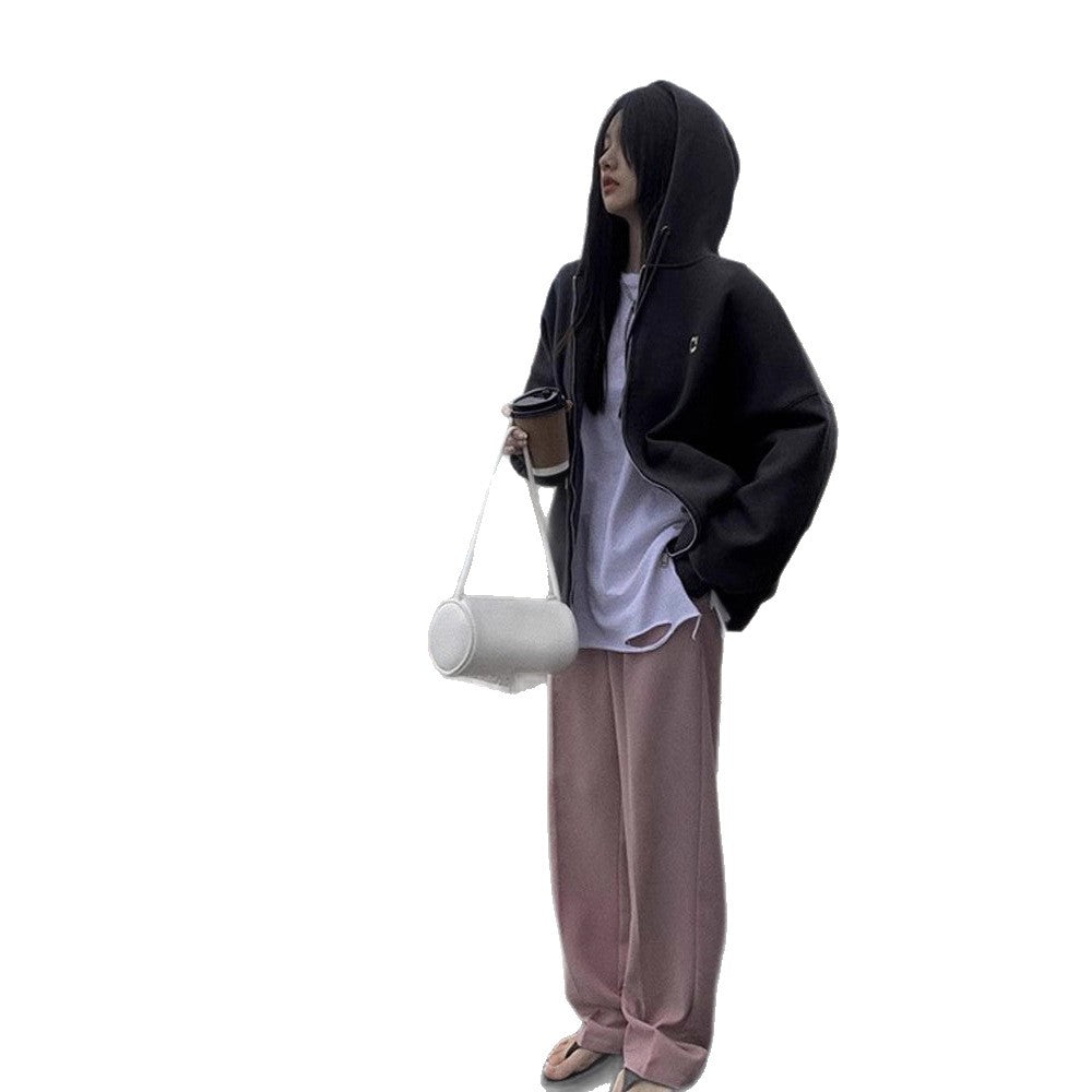 Grey hooded sweatshirt for women in autumn and winter, Korean loose and plush thick medium to long style, lazy style, American cardigan trend
