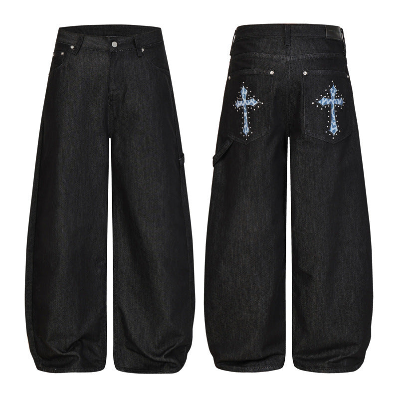 Vintage Raw Black Baggy Wide Leg Jeans Unisex Cross Embroidery Cut Baggy Hip Hop Streetwear Denim Pants