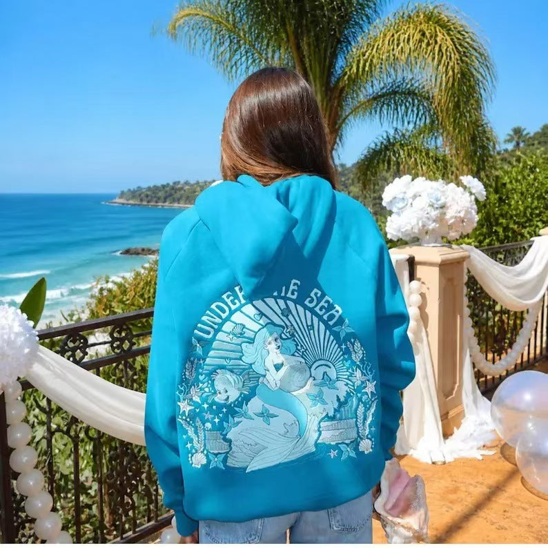 Under The Sea Mermaid Embroidery Drop Shoulder Hoodie, Oversized Unisex Beach Sweatshirt