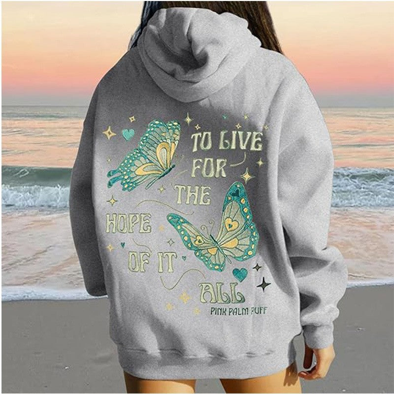Butterfly Letter Embroidery Oversized Drop Shoulder Hoodie, Women Vintage Inspirational Graphic Casual Sweatshirt